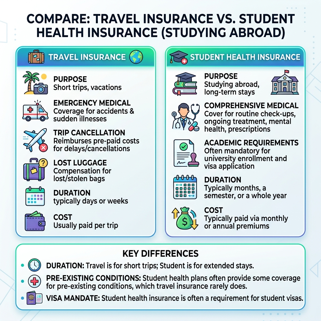 Infographic comparing travel insurance vs student health insurance for studying abroad - overseas medical insurance for Infographic comparing travel insurance vs student health insurance for studying abroad - overseas medical insurance for