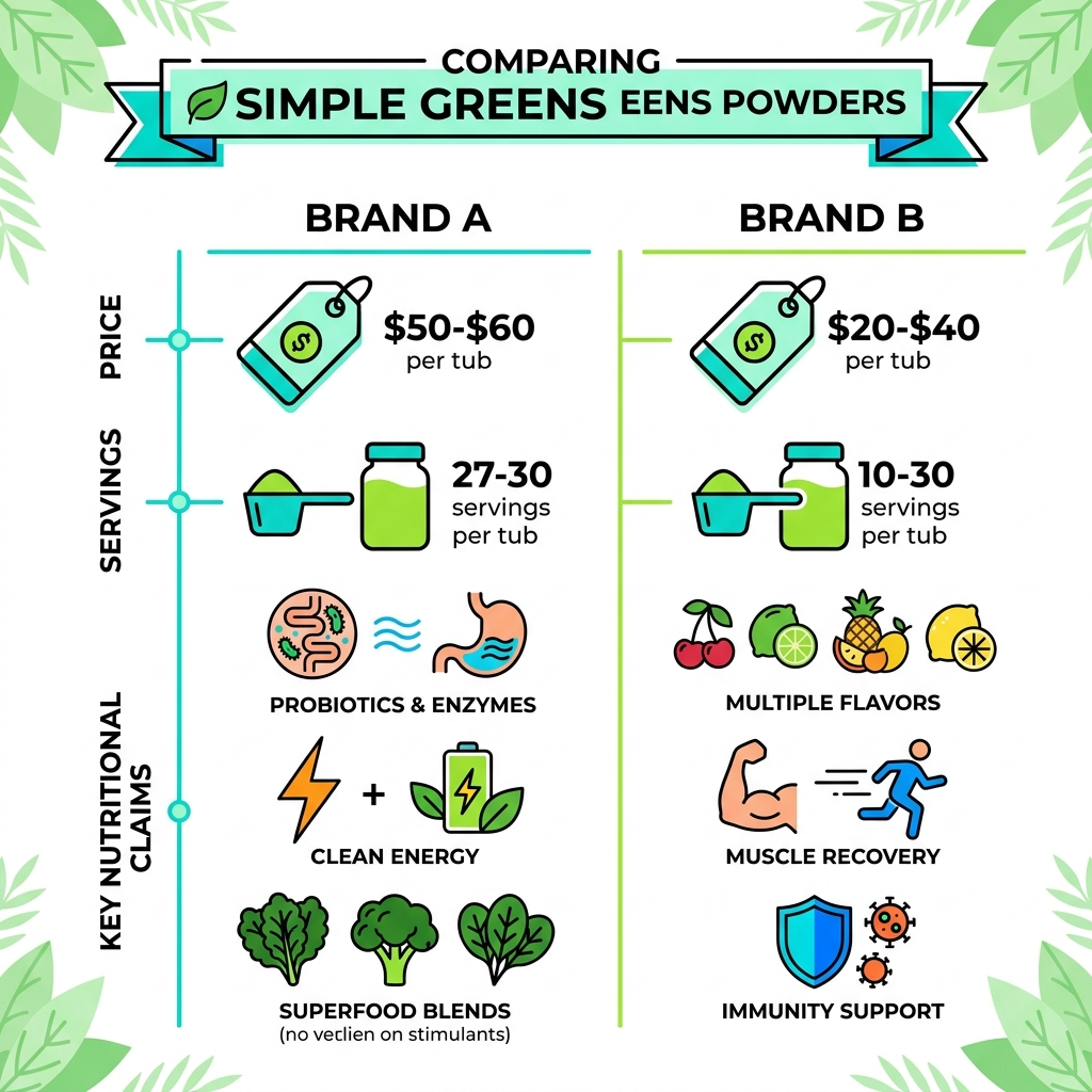 Comparison infographic of simple greens powder brands by price, servings, and key nutritional claims - simple greens Comparison infographic of simple greens powder brands by price, servings, and key nutritional claims - simple greens