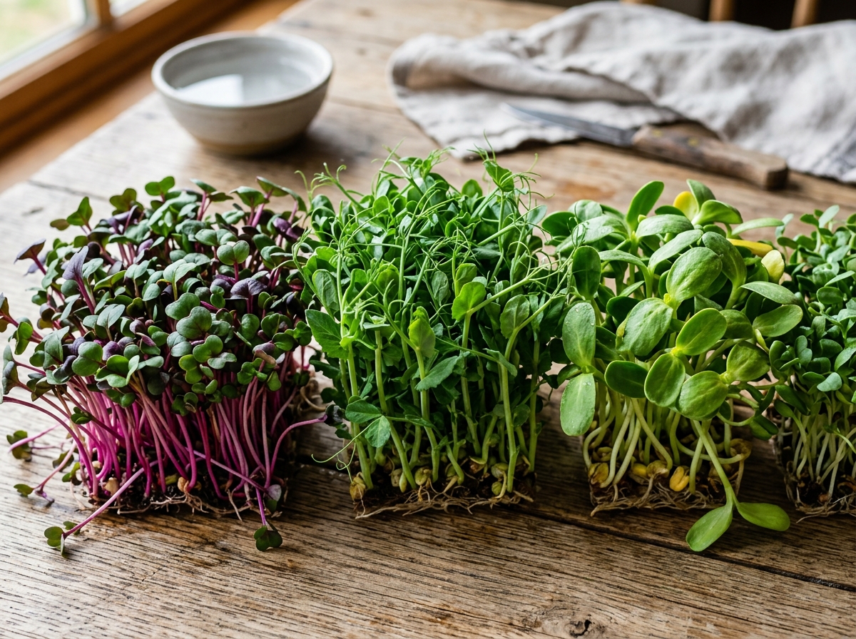 A diverse spread of high yield microgreen varieties including radish, pea, and sunflower - high yield microgreens varieties