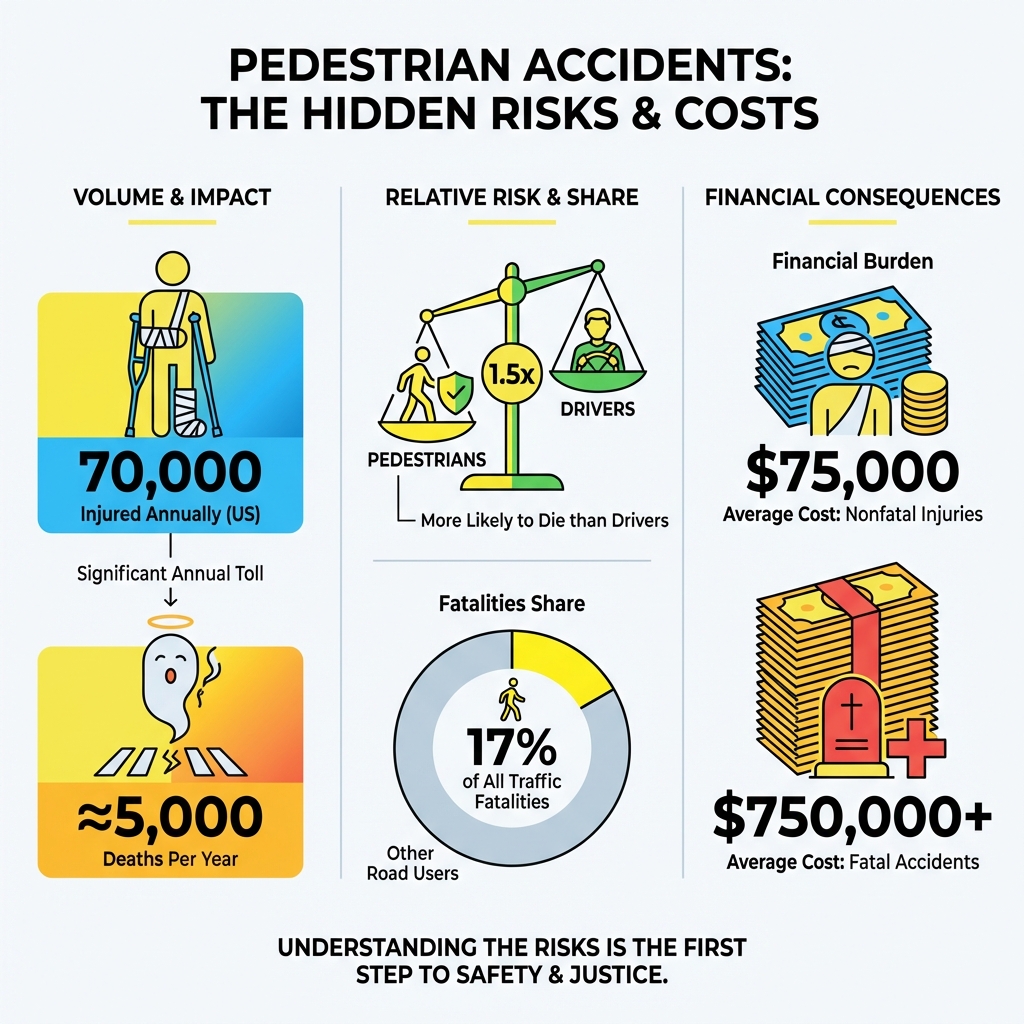 Infographic showing pedestrian accident statistics: 70,000 pedestrians injured annually in the US, nearly 5,000 pedestrian deaths per year, pedestrians are 1.5 times more likely to die in vehicle accidents than drivers, 17% of all traffic fatalities are pedestrians, costs average $75,000 for nonfatal injuries and $750,000+ for fatal accidents - pedestrian accident lawyers near me infographic 