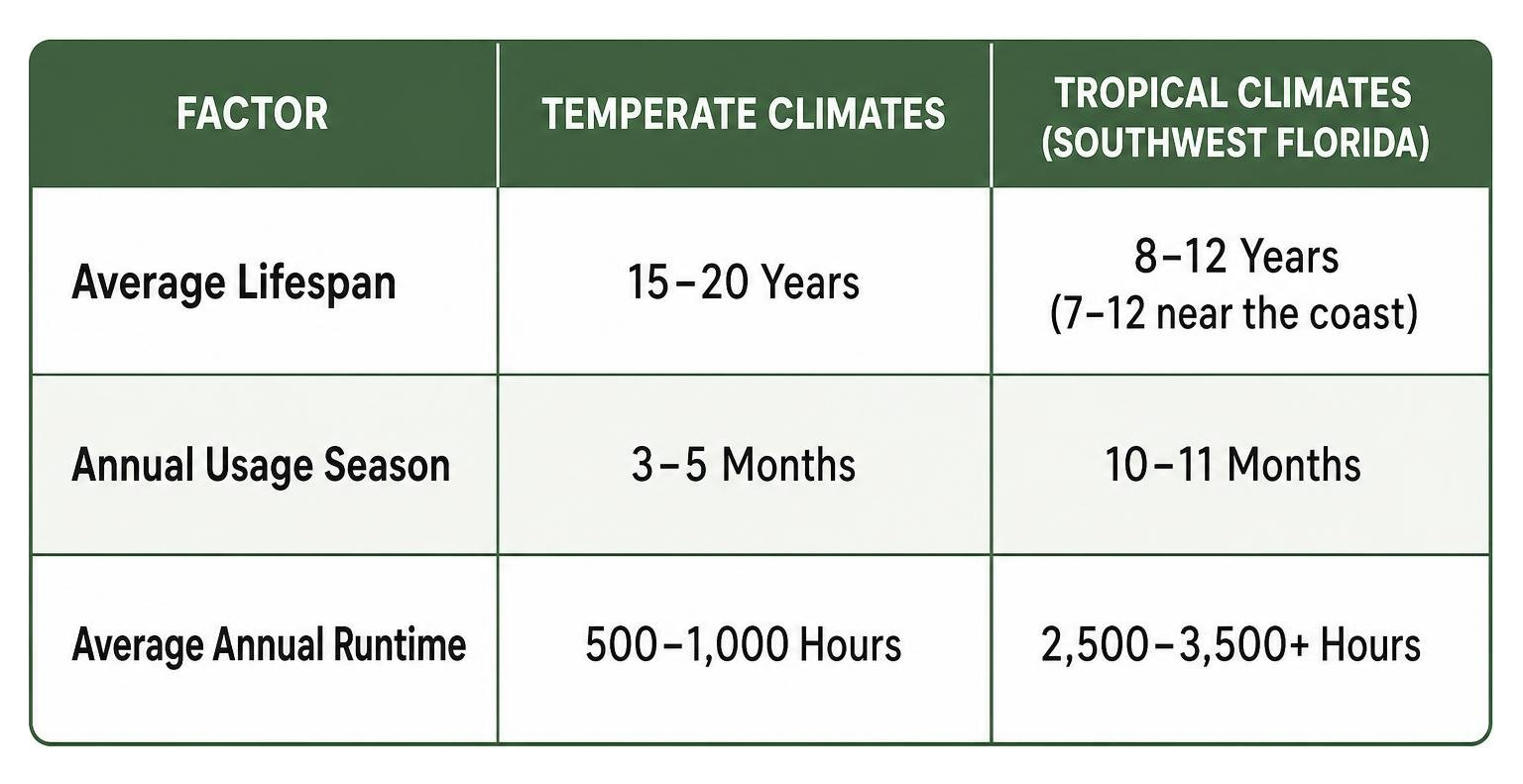 Table comparing tropical vs temperate AC lifespans and runtimes Table comparing tropical vs temperate AC lifespans and runtimes