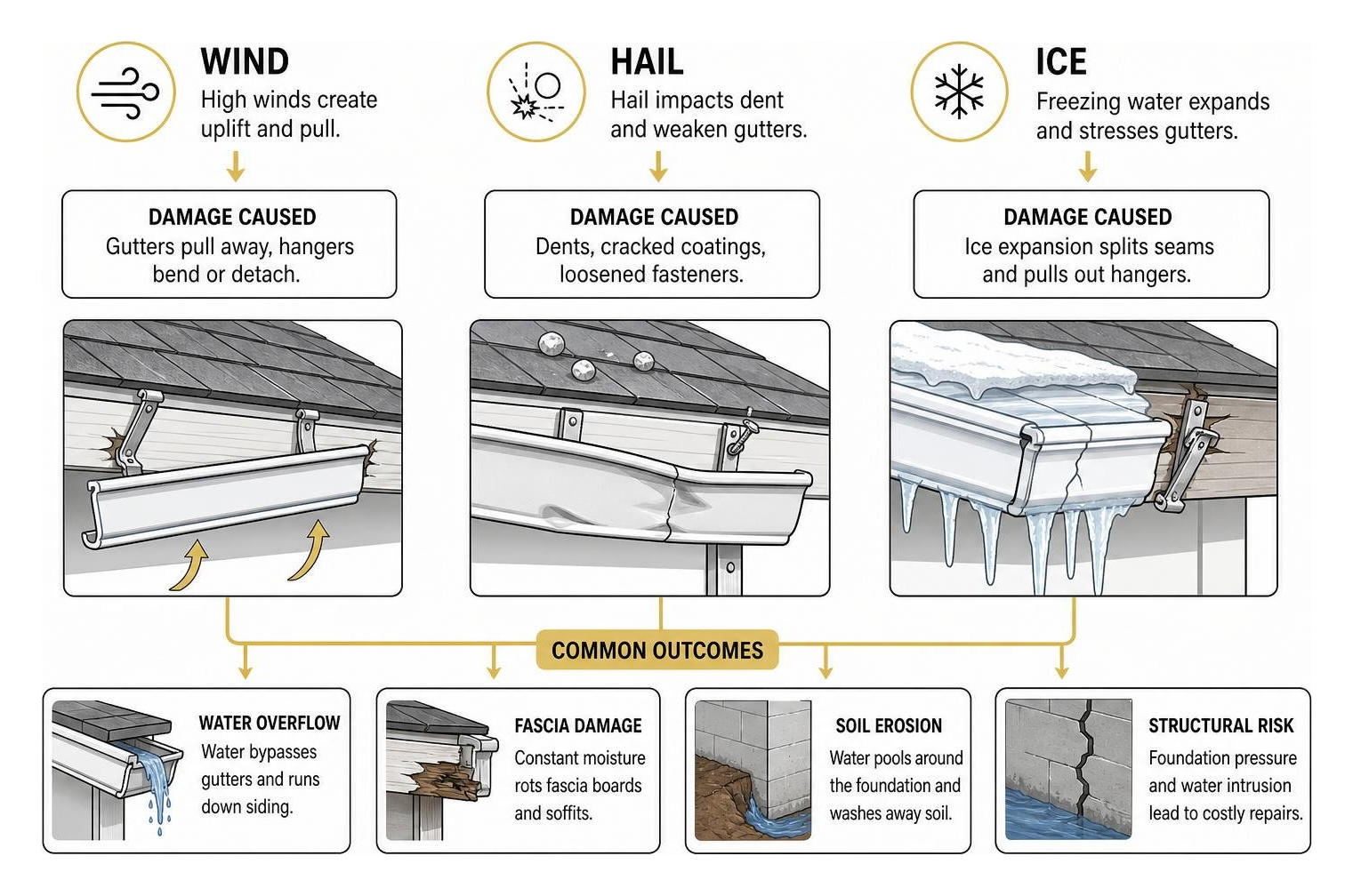 Diagram showing how wind, hail, and ice structurally damage a gutter system Diagram showing how wind, hail, and ice structurally damage a gutter system