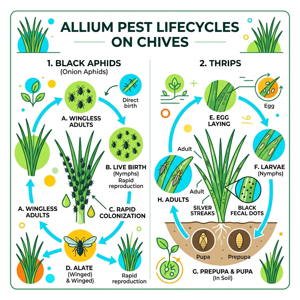 Lifecycle infographic of common allium pests including black aphids and thrips on chives - tiny black bugs on chives