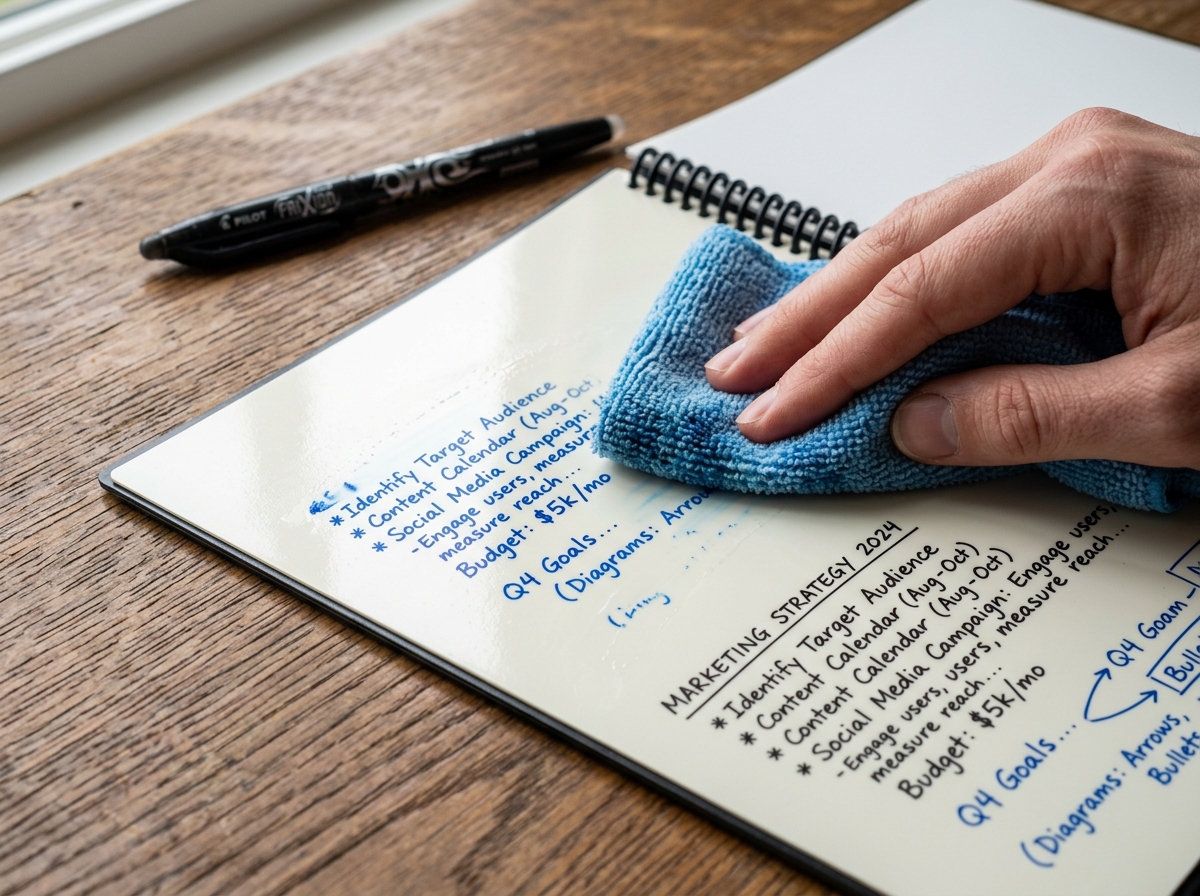 synthetic notebook pages being wiped clean with a damp cloth - reusable smart notebook