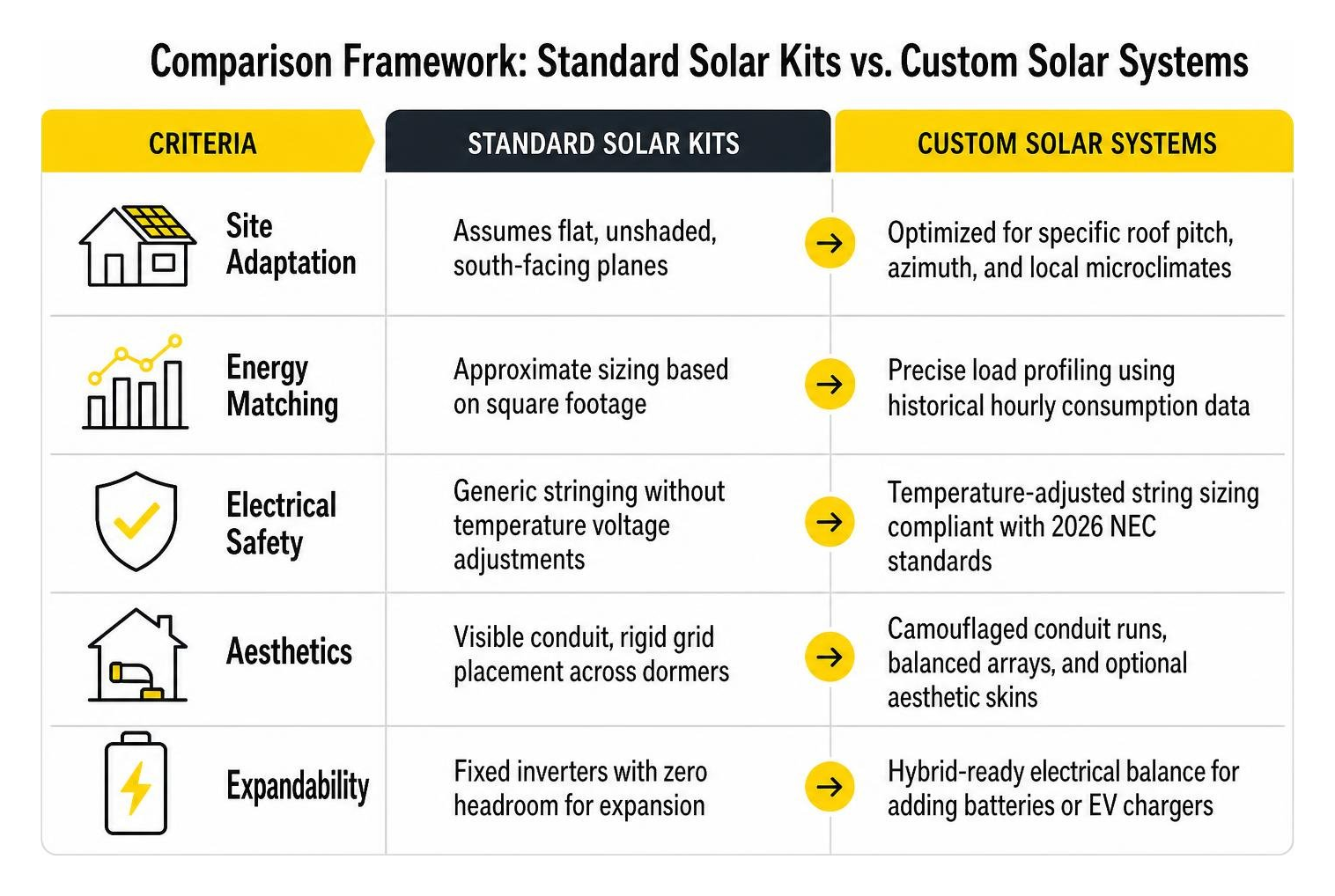 Comparison framework of standard solar kits versus custom solar systems Comparison framework of standard solar kits versus custom solar systems