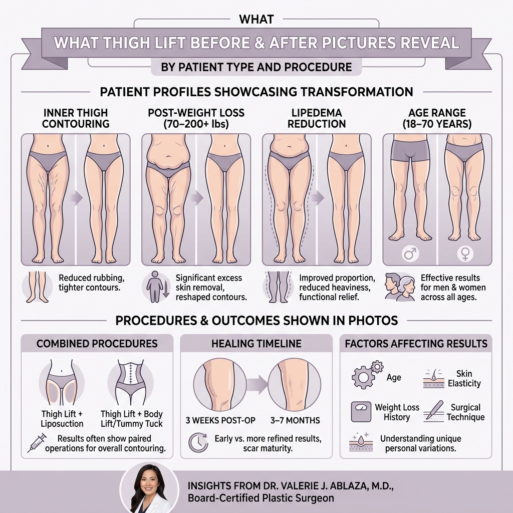 Infographic showing what thigh lift before and after pictures reveal by patient type and procedure - thigh lift before and