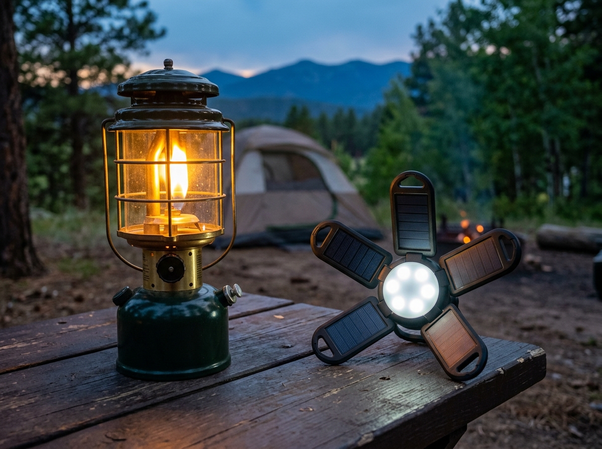 Comparison between traditional gas lanterns and modern solar versions - foldable solar camping lantern