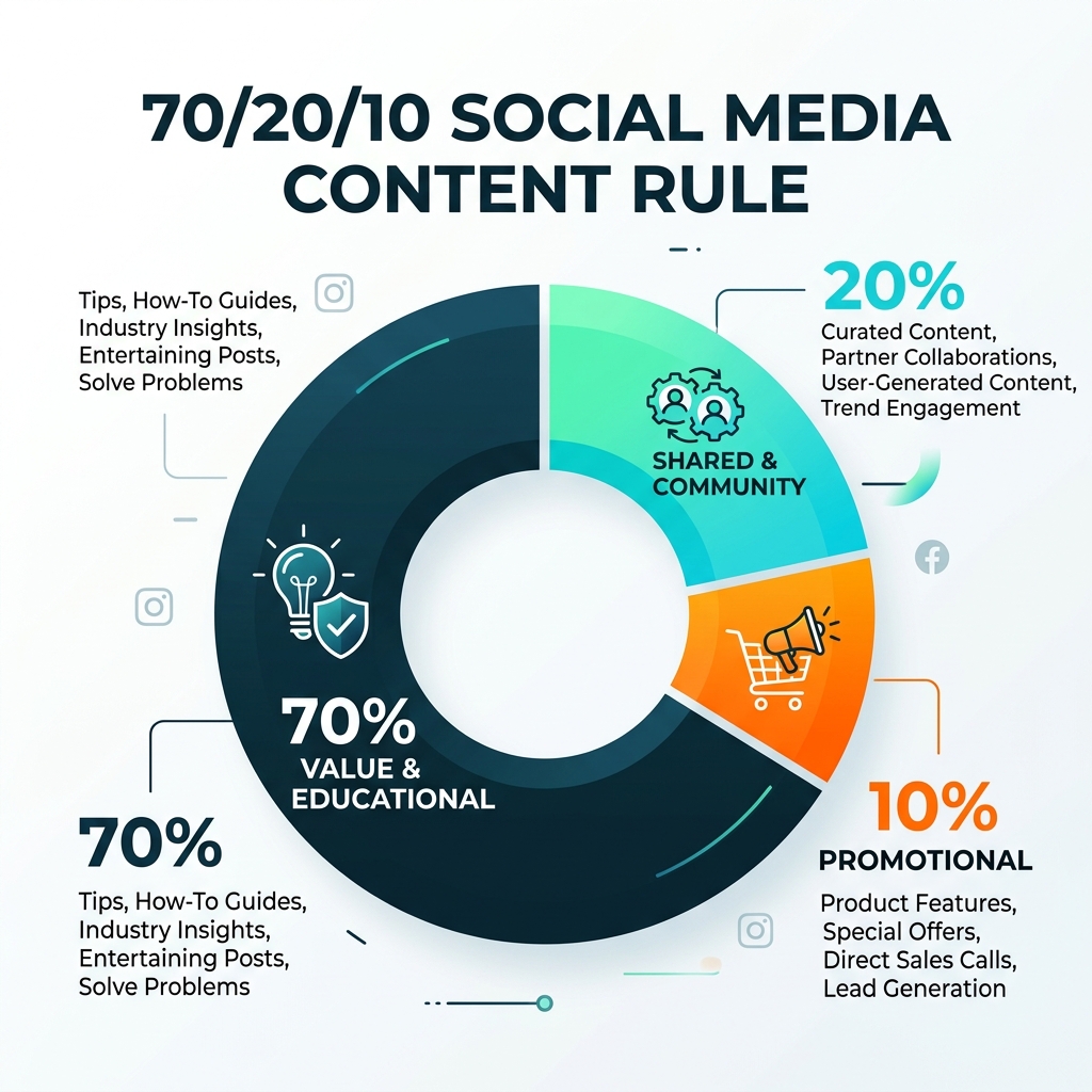 Infographic showing the 70/20/10 social media content rule: 70% value, 20% shared, 10% promotional - social media scheduler