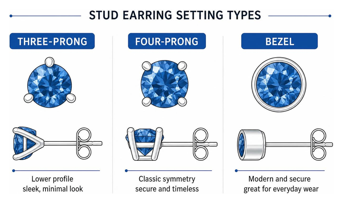 Comparison of stud earring setting types including three-prong, four-prong, and bezel mounts Comparison of stud earring setting types including three-prong, four-prong, and bezel mounts