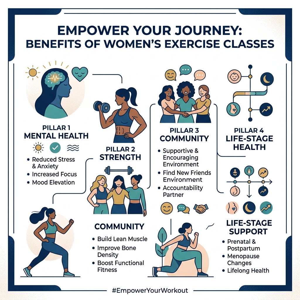 Benefits of women-specific exercise classes including mental health, strength, community, and life-stage support - exercise