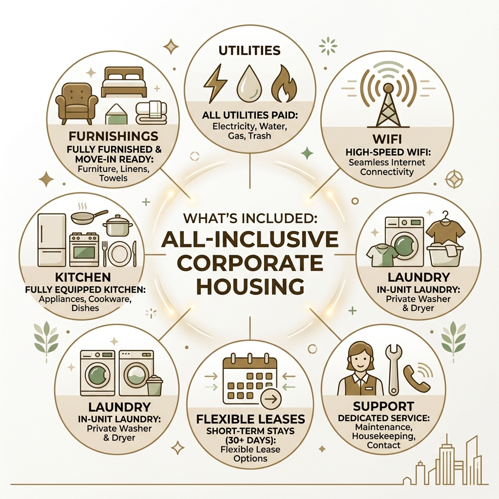 Infographic showing what's included in all-inclusive corporate housing: furnishings, utilities, WiFi, kitchen, laundry