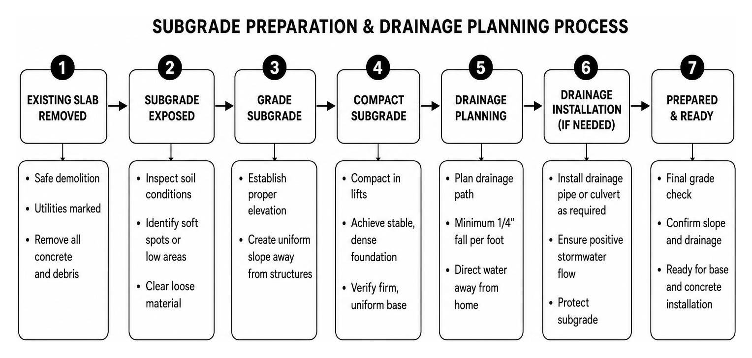 Step-by-step subgrade preparation and drainage planning process diagram