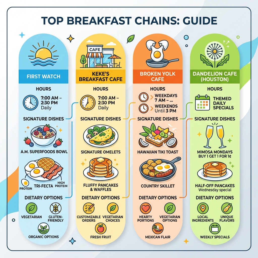 Infographic showing top breakfast chains, their hours, signature dishes, and dietary options - best breakfast near me Infographic showing top breakfast chains, their hours, signature dishes, and dietary options - best breakfast near me