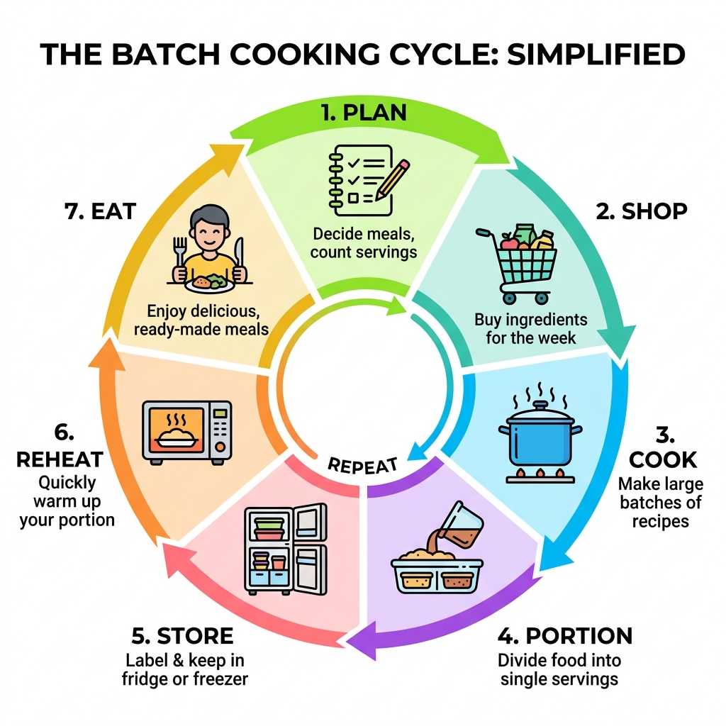 Infographic showing the batch cooking cycle: Plan, Shop, Cook, Portion, Store, Reheat, Eat - bulk cooking recipes