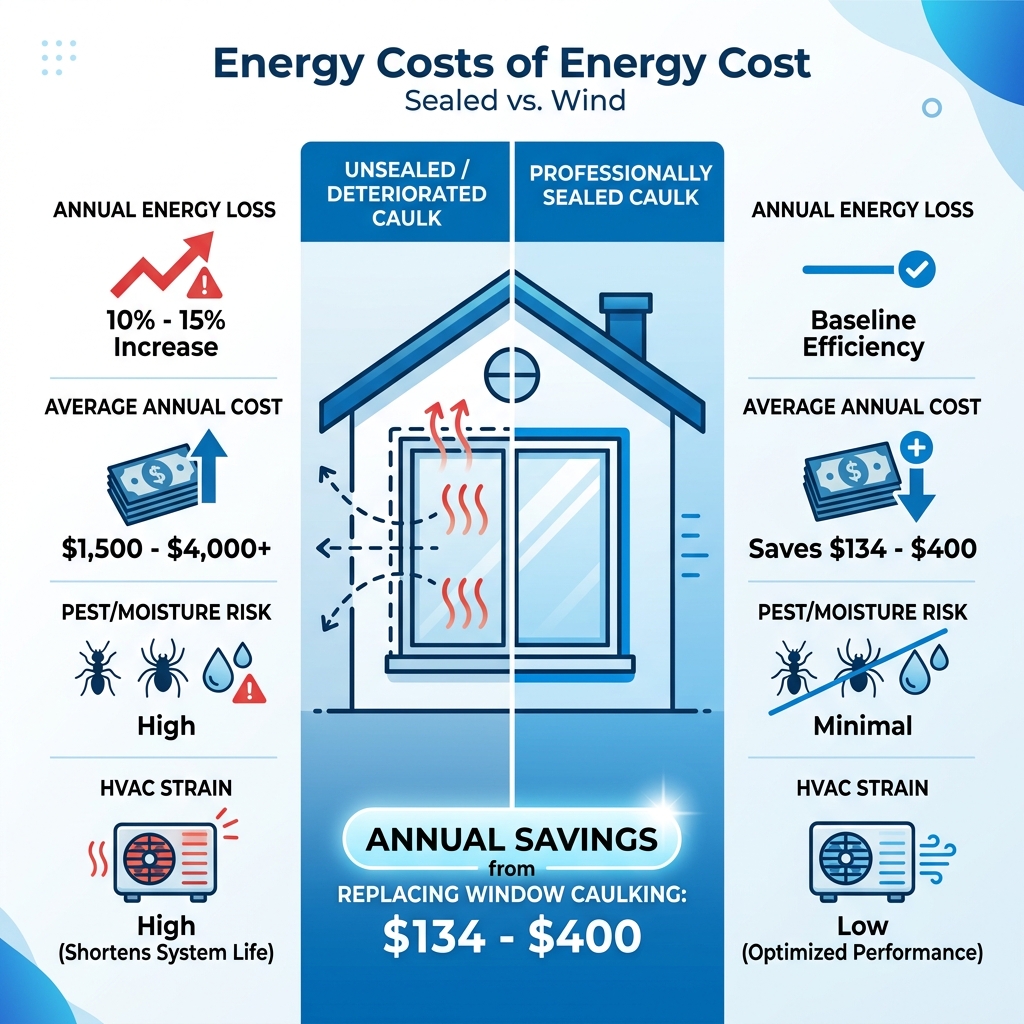 Table comparing energy costs of homes with sealed vs. unsealed windows, highlighting savings from replacing window caulking Table comparing energy costs of homes with sealed vs. unsealed windows, highlighting savings from replacing window caulking