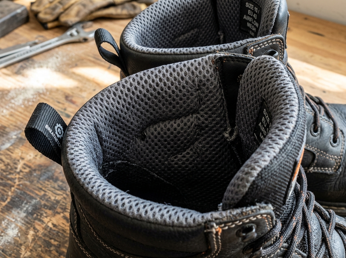Close-up of a mesh boot lining designed for maximum airflow - breathable work boots for men Close-up of a mesh boot lining designed for maximum airflow - breathable work boots for men