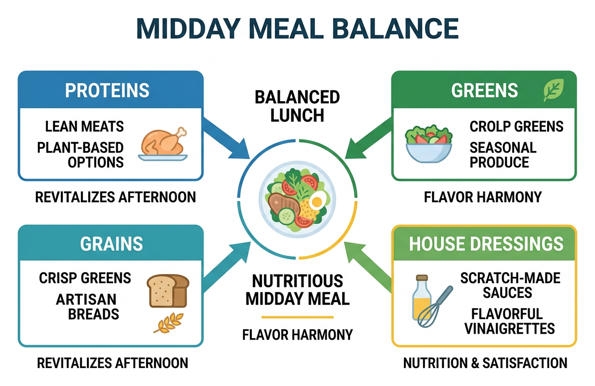 Diagram of midday meal balance showing proteins greens grains and house dressings
