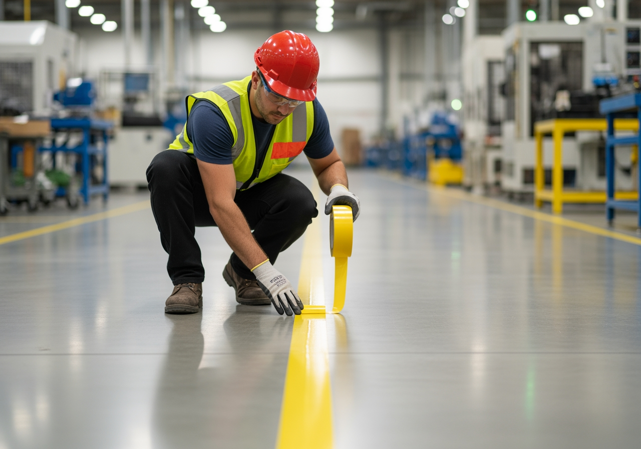 Worker applying safety marking tape to a factory floor - 2 clear electrical tape