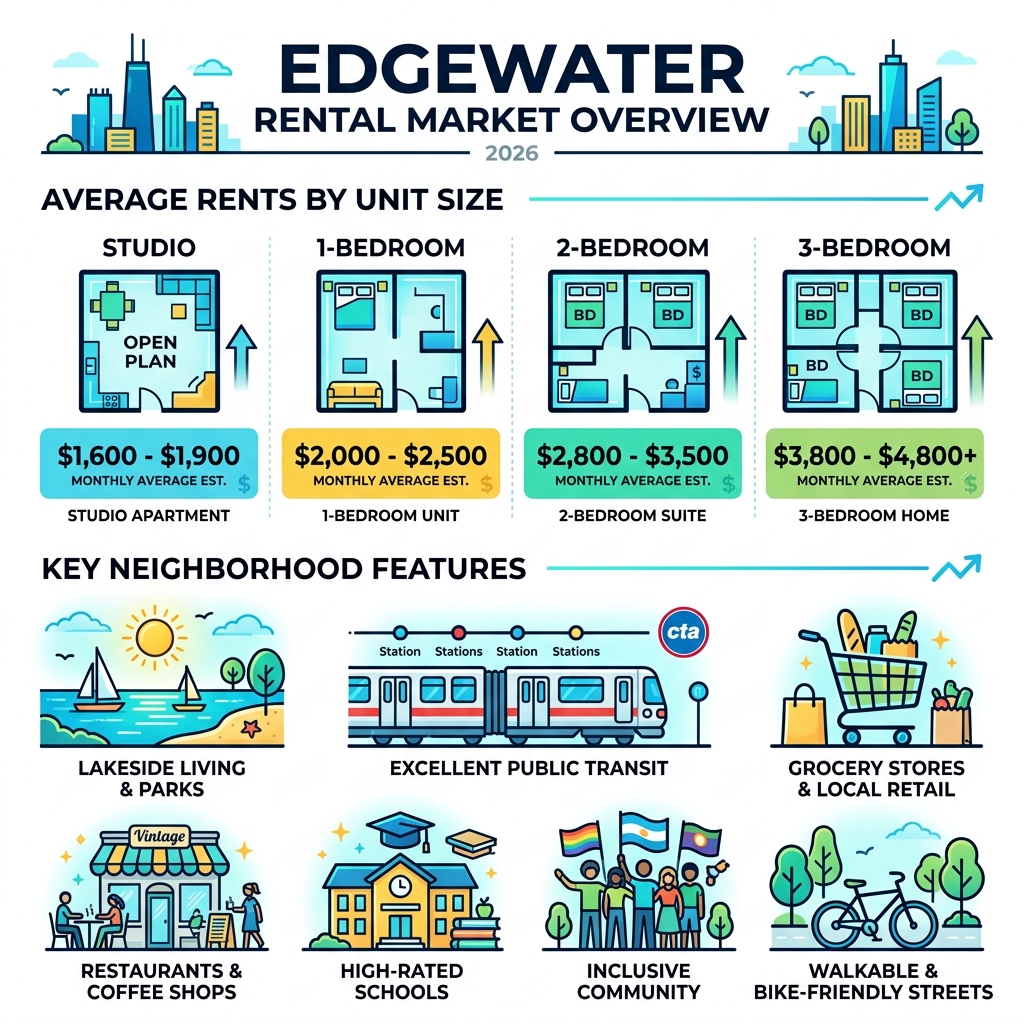 Edgewater Chicago rental market overview infographic with unit size availability and key neighborhood features Edgewater Chicago rental market overview infographic with unit size availability and key neighborhood features