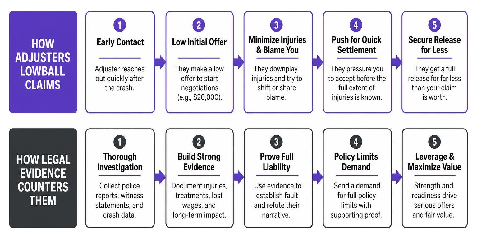 Diagram showing how insurance adjusters lowball claims and how legal evidence counters them Diagram showing how insurance adjusters lowball claims and how legal evidence counters them