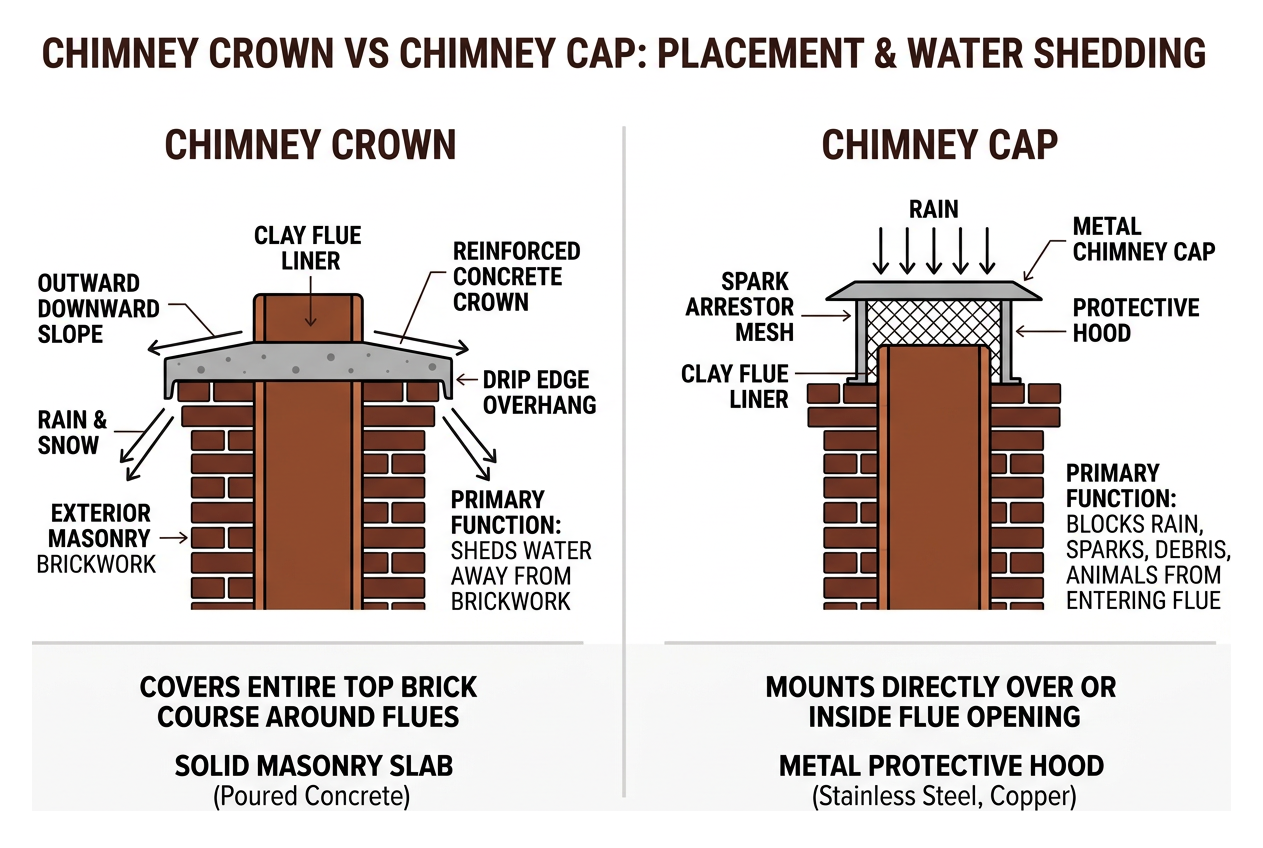 Chimney crown vs chimney cap component placement and water shedding diagram Chimney crown vs chimney cap component placement and water shedding diagram