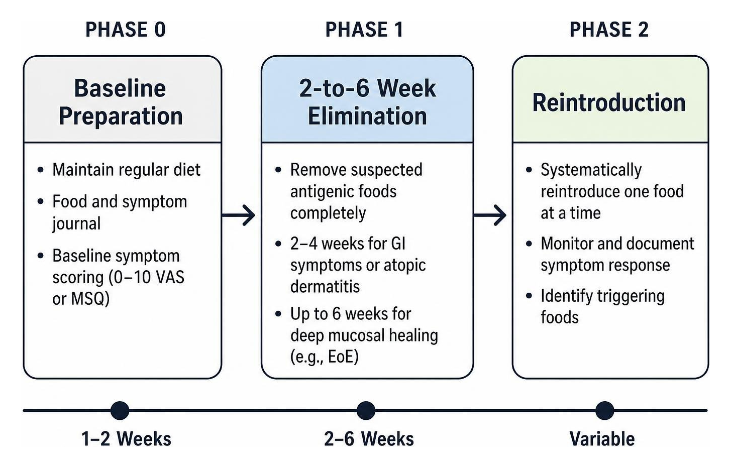 Three-phase clinical timeline: baseline preparation, 2-to-6 week elimination, and reintroduction