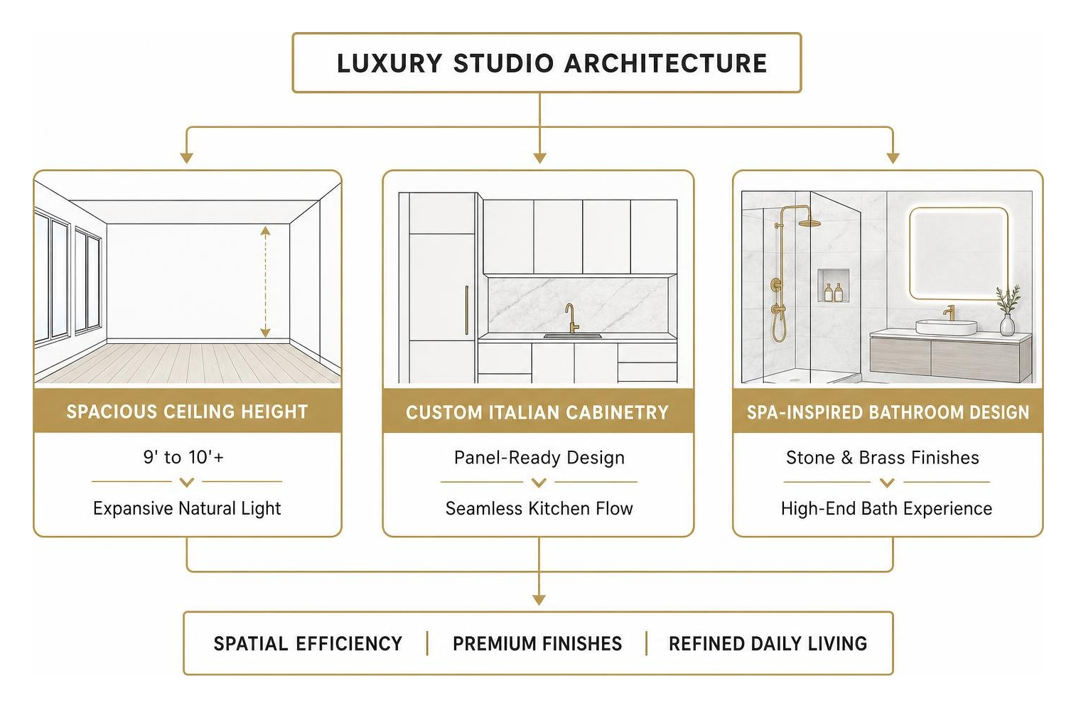 Luxury studio interior architectural flow diagram highlighting ceiling height, custom cabinetry, and spa bathroom design