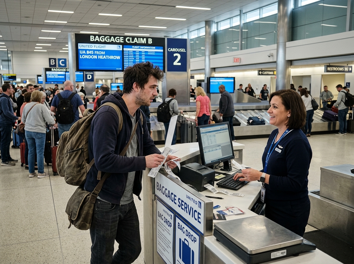 Weary traveler speaking to an airline agent at a service desk - baggage delay claim process