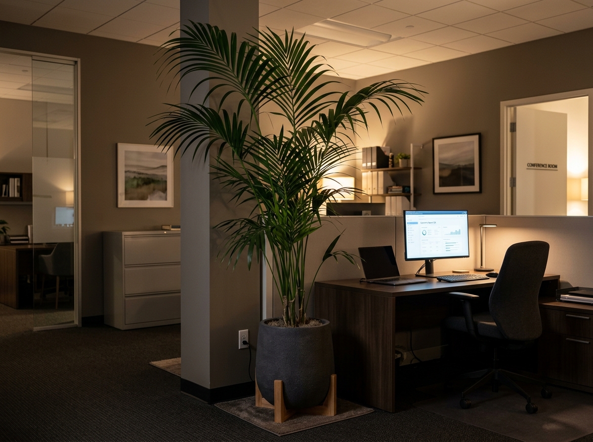 A tall Kentia palm standing elegantly in a dimly lit office corner, providing a lush green focal point - big house plant low