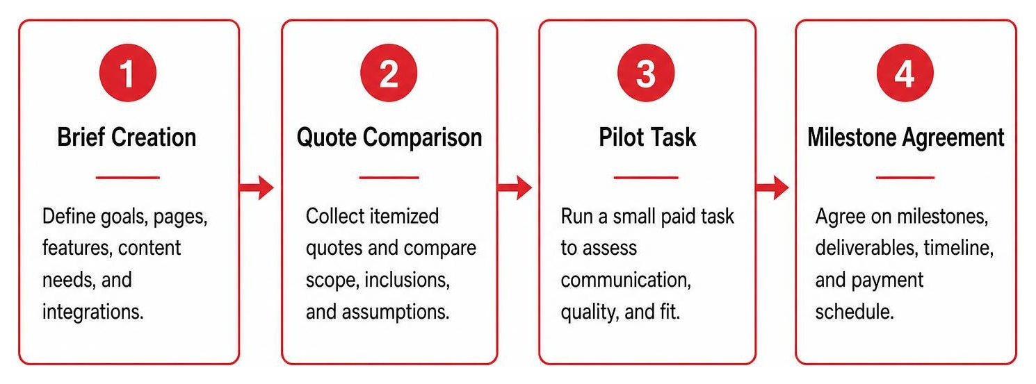 Step-by-step process: brief creation, quote comparison, pilot task, and milestone agreement Step-by-step process: brief creation, quote comparison, pilot task, and milestone agreement