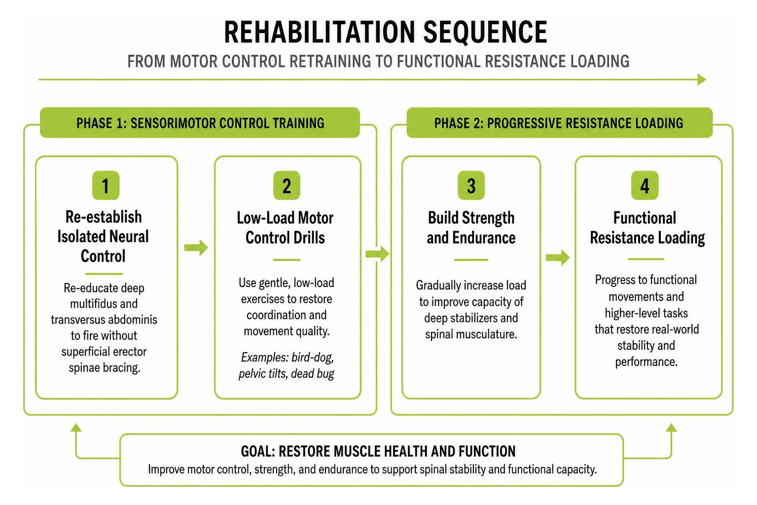 Rehabilitation sequence from motor control retraining to functional resistance loading Rehabilitation sequence from motor control retraining to functional resistance loading