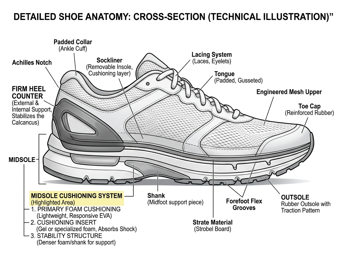 diagram showing shoe anatomy including midsole and heel counter - best footwear for standing all day
