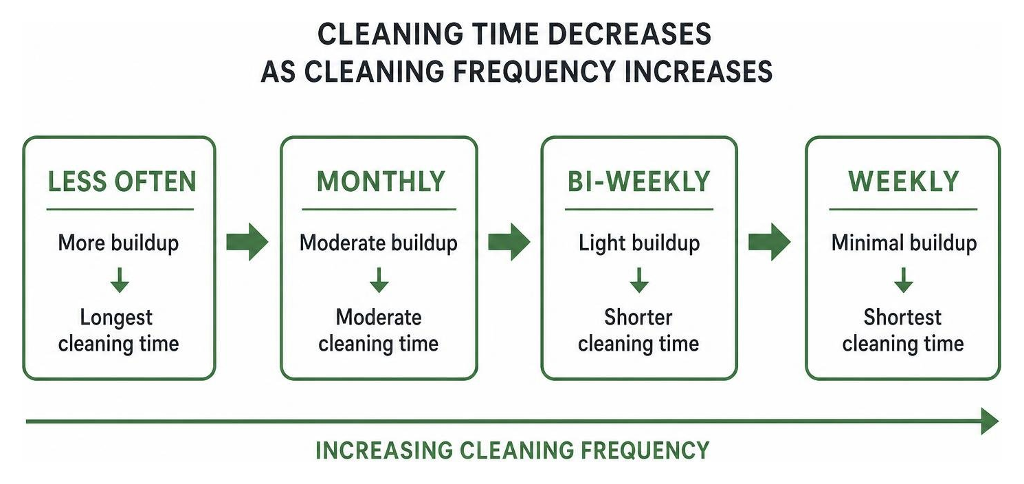 Diagram showing how cleaning time decreases as cleaning frequency increases Diagram showing how cleaning time decreases as cleaning frequency increases