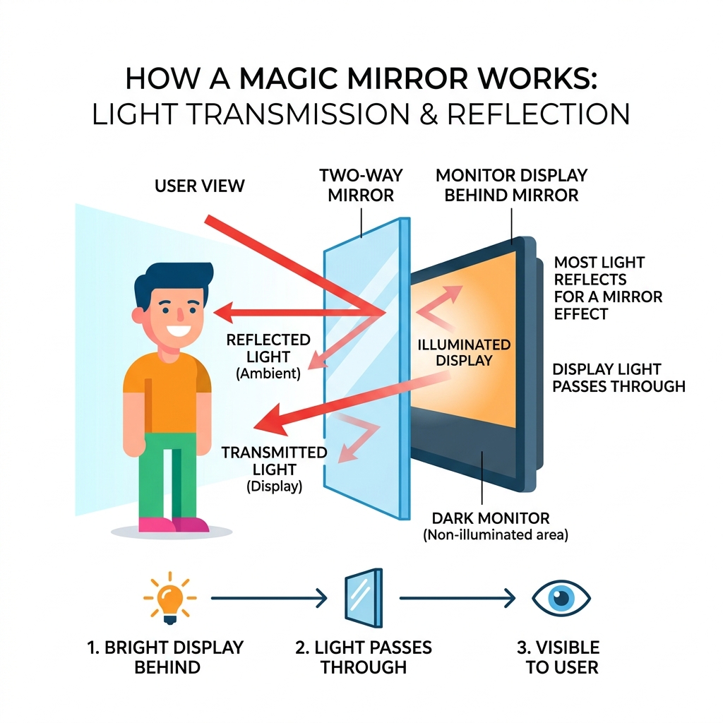 infographic showing light transmission and reflection of a two-way mirror with monitor behind it - magic mirror tutorial
