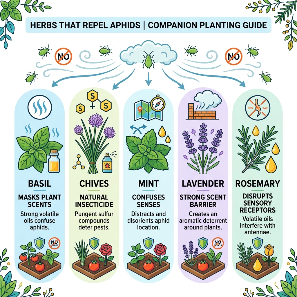 herbs that repel aphids companion planting infographic with top herbs and how they work - herbs that repel aphids