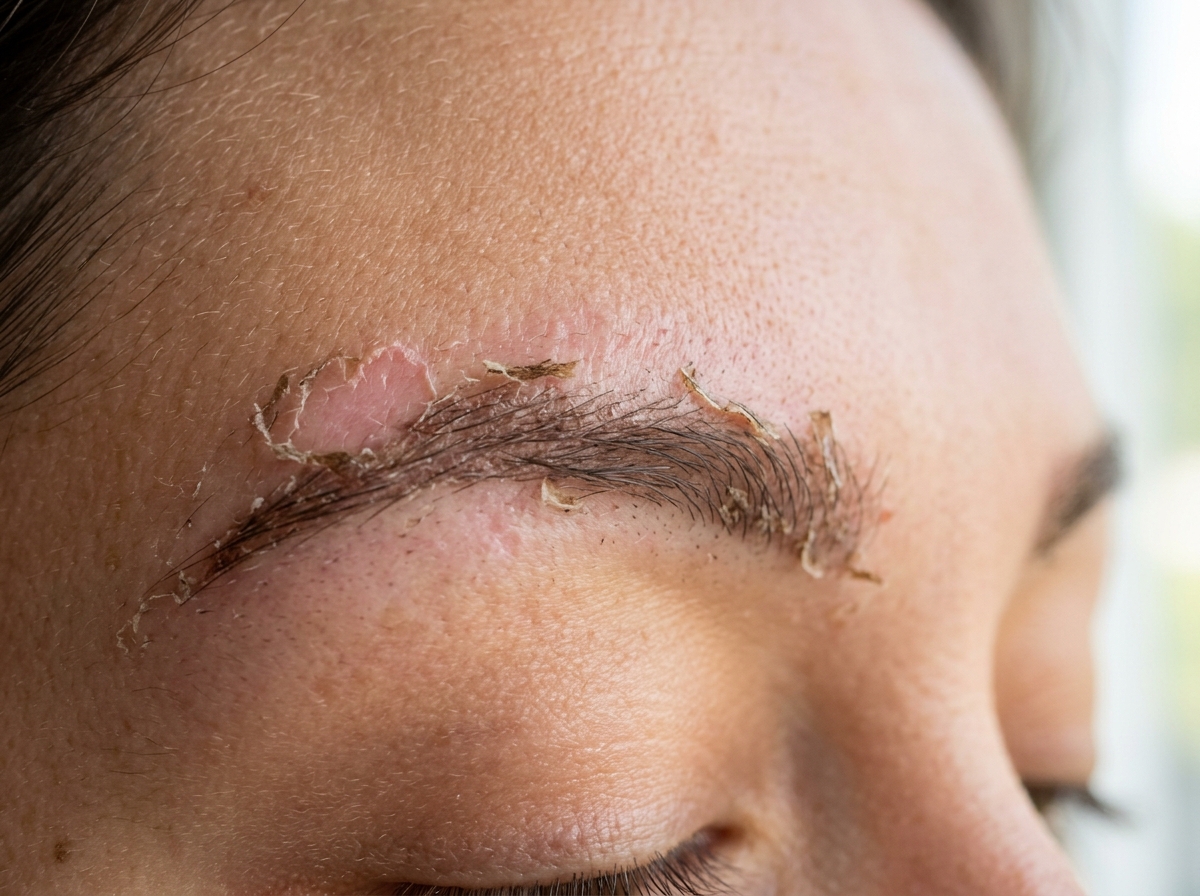 Close-up of eyebrows during the flaking stage of the healing process - microblading touch up healing