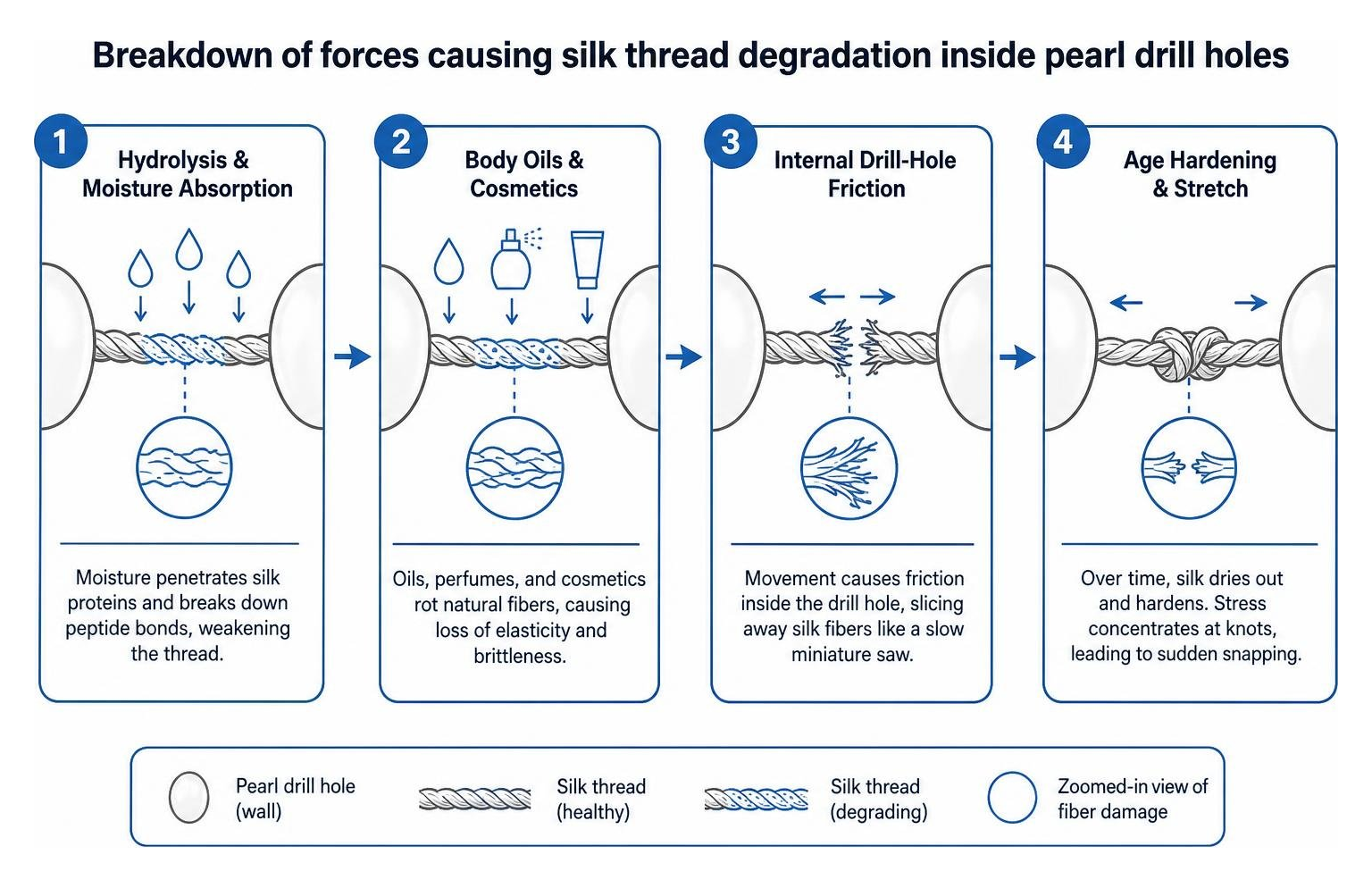 Breakdown of forces causing silk thread degradation inside pearl drill holes Breakdown of forces causing silk thread degradation inside pearl drill holes