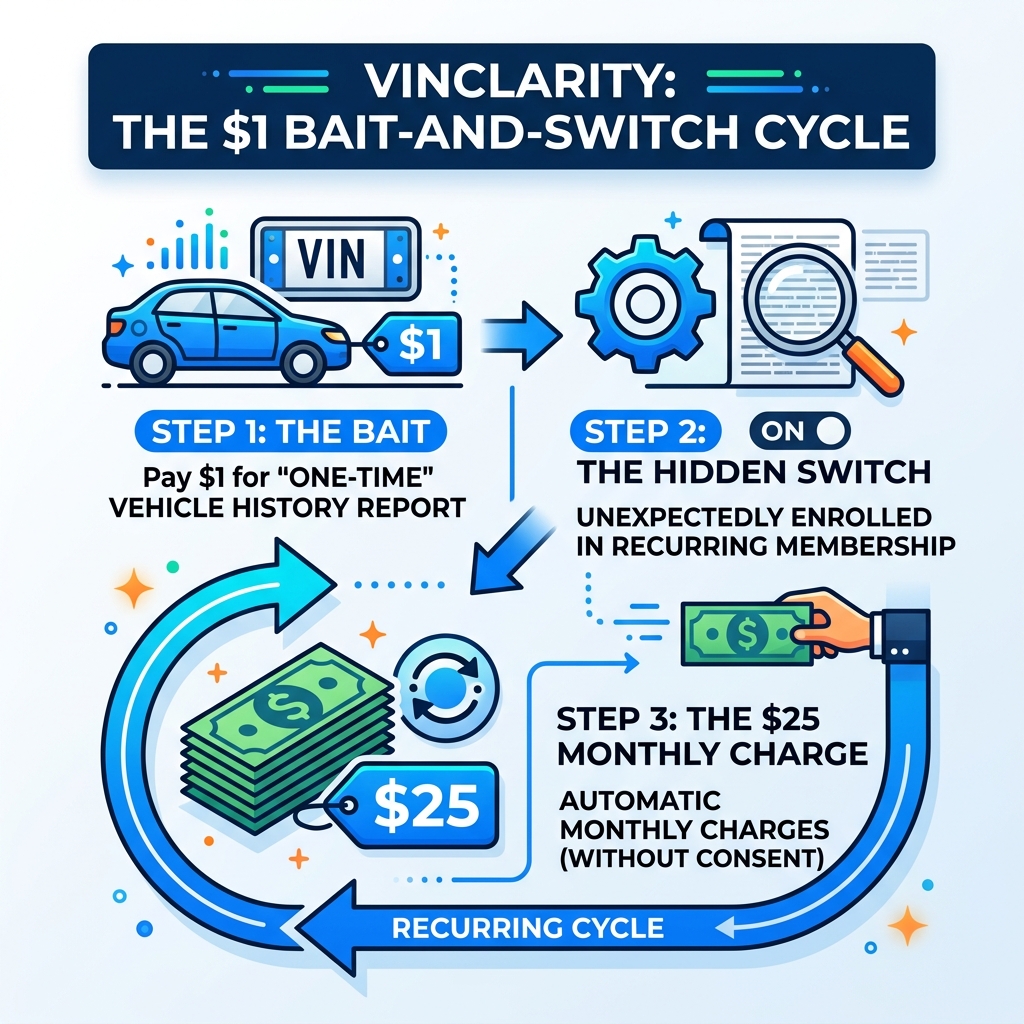 Infographic showing Vinclarity $1 bait-and-switch billing cycle with $25 monthly charge - Vinclarity scam infographic Infographic showing Vinclarity $1 bait-and-switch billing cycle with $25 monthly charge - Vinclarity scam infographic