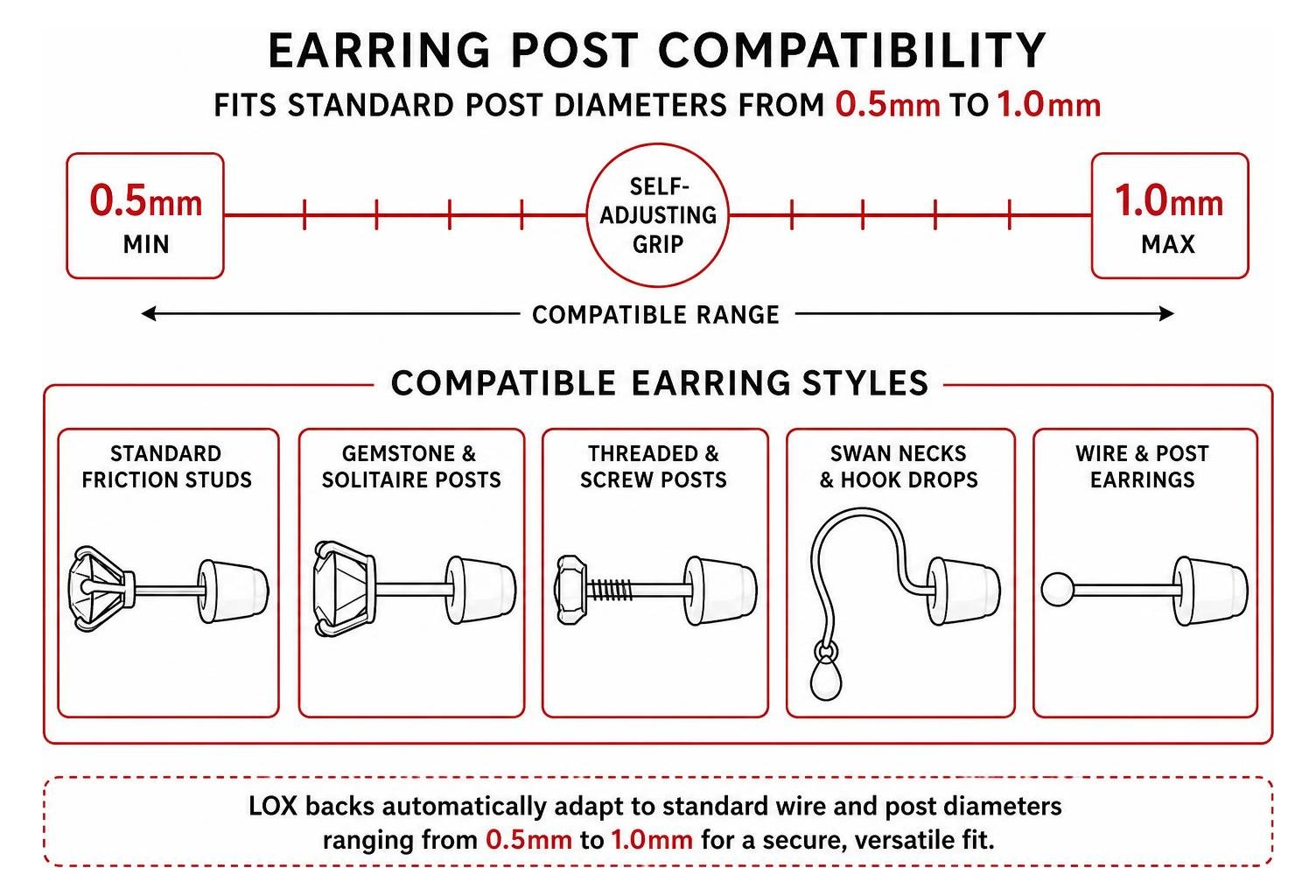 Earring post compatibility from 0.5mm to 1.0mm diameters Earring post compatibility from 0.5mm to 1.0mm diameters