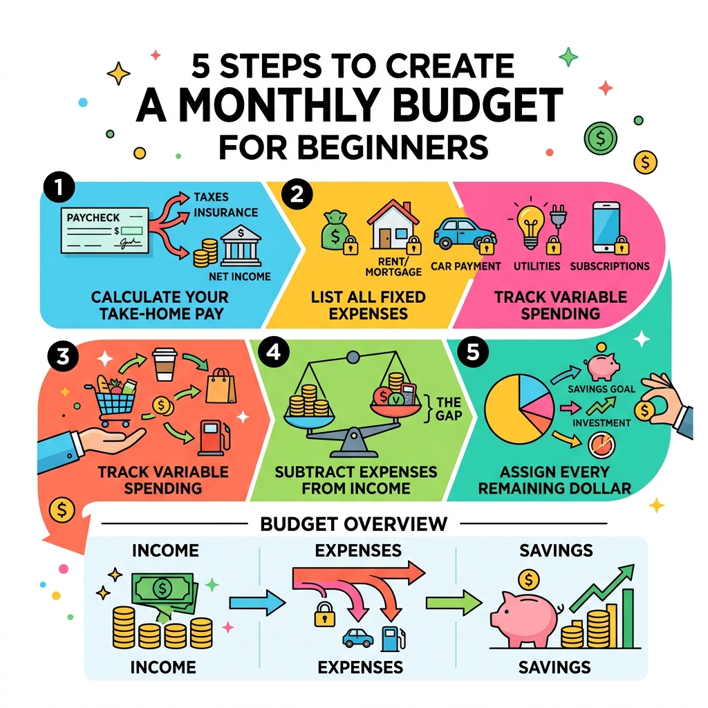 5 steps to create a monthly budget for beginners with income, expenses, and savings overview - monthly budget for beginners