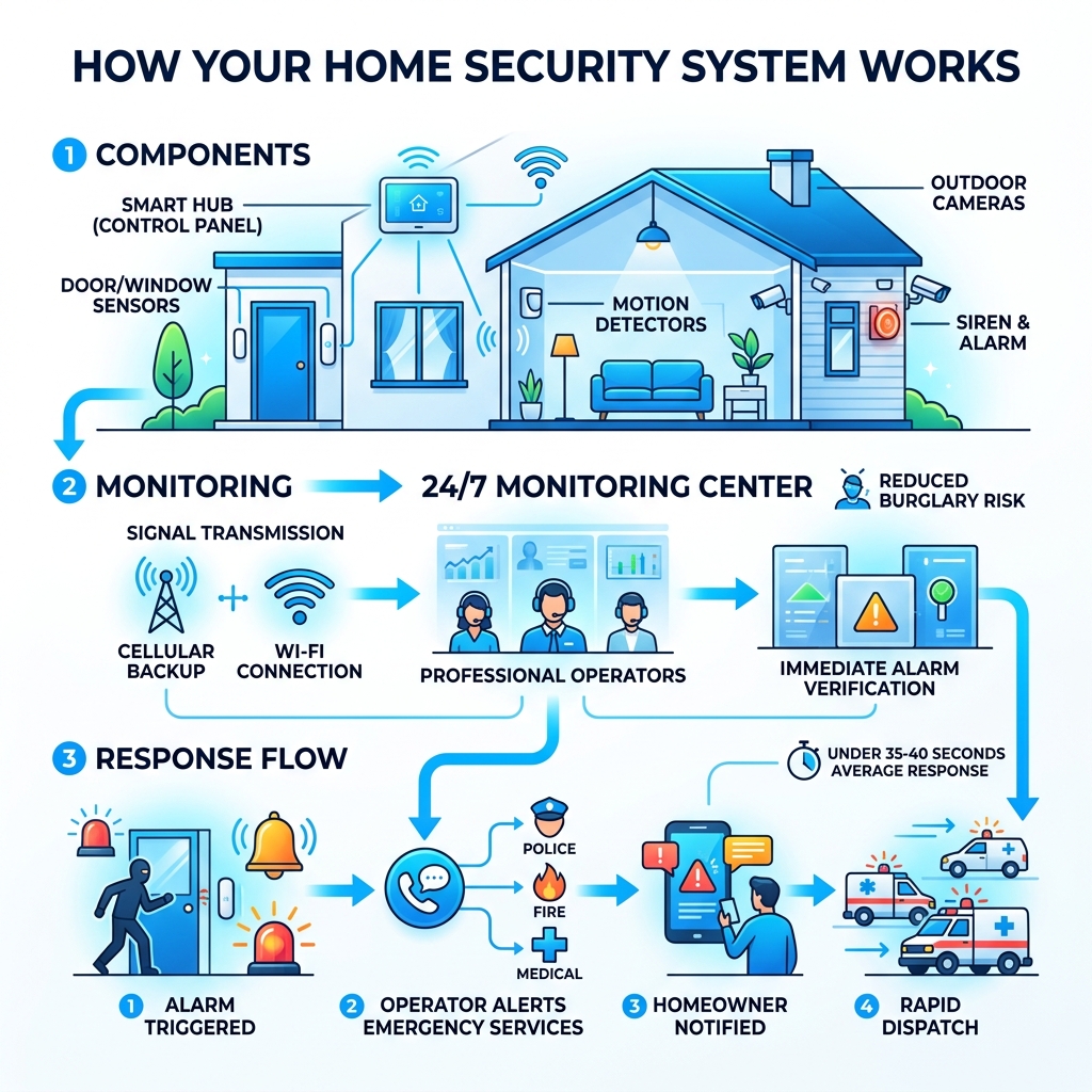 how a home security system works - components, monitoring, and response flow - best home alarm infographic how a home security system works - components, monitoring, and response flow - best home alarm infographic