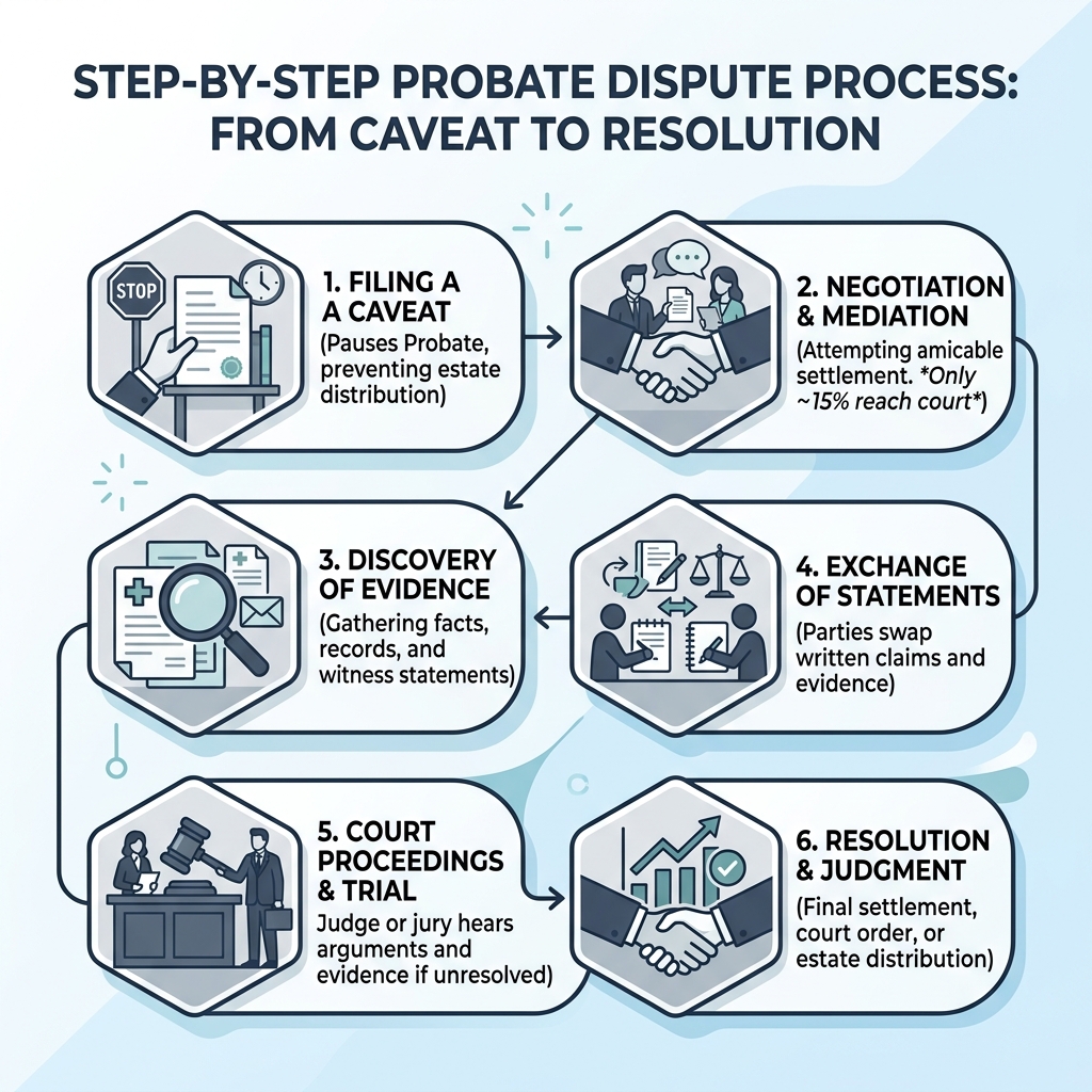 Step-by-step probate dispute process from filing a caveat to resolution - contested wills & probate lawyers infographic 