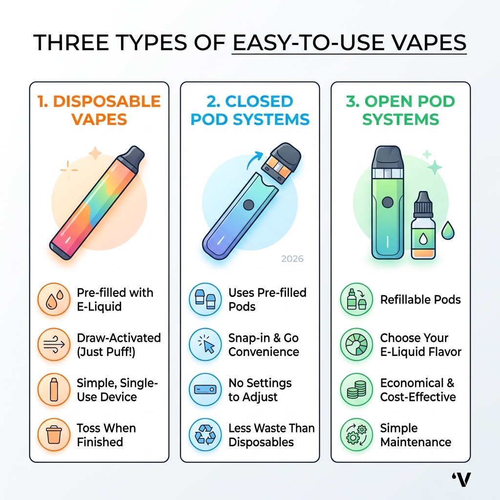 Three types of easy-to-use vapes: disposables, closed pod systems, and open pod systems with key features - Easy to use