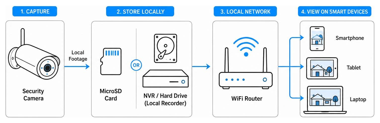 how local security footage flows from camera to local storage and smart devices