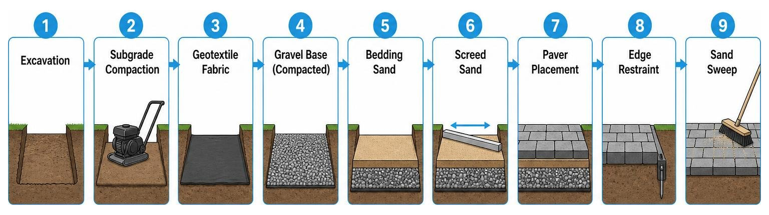 Sequence of paver installation steps from excavation to sand sweep Sequence of paver installation steps from excavation to sand sweep