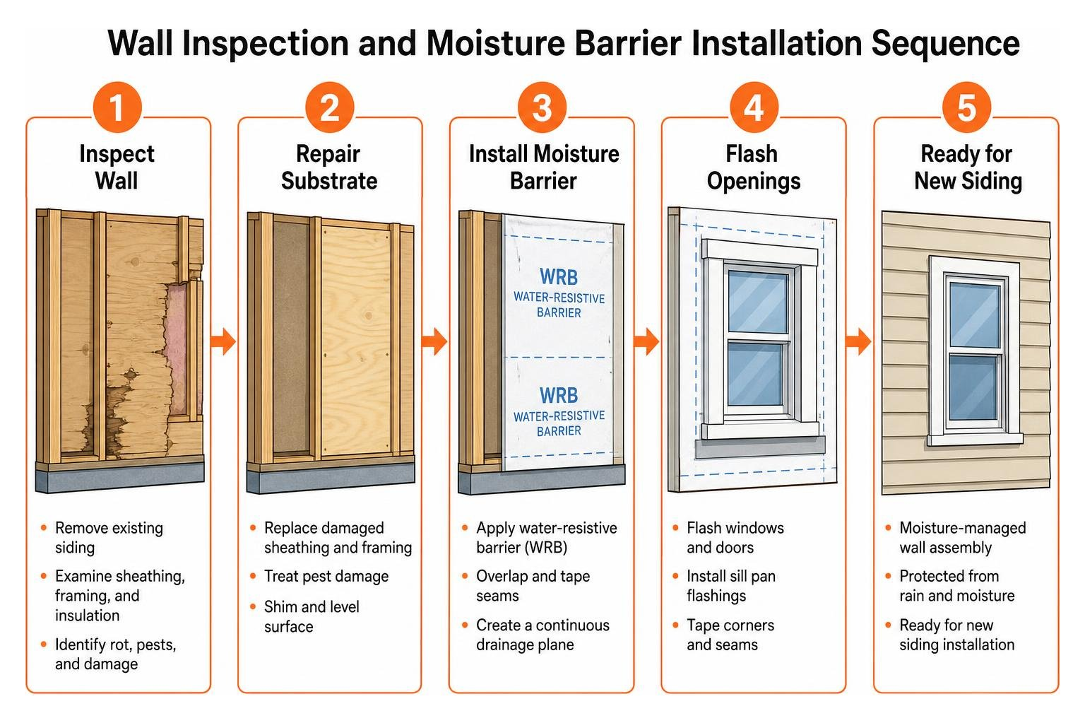 Wall inspection and moisture barrier installation sequence