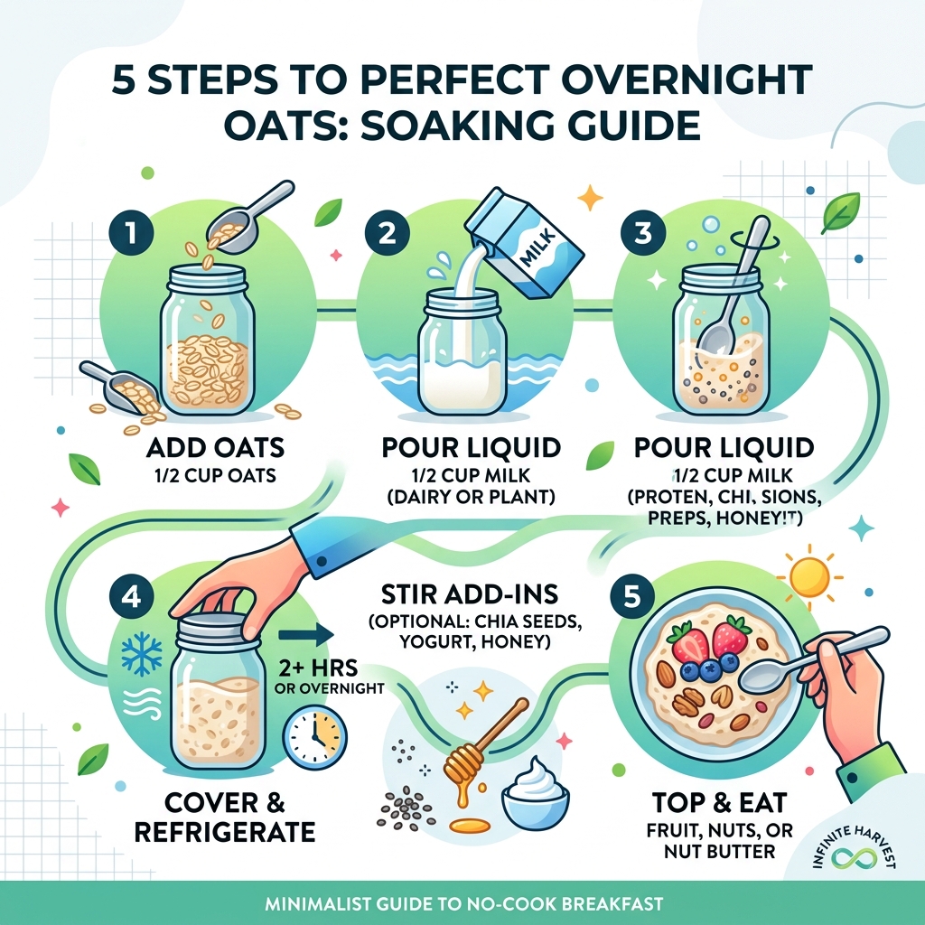 Infographic showing the 5-step overnight oats soaking process with ratios and timing - no cook oatmeal recipes infographic 