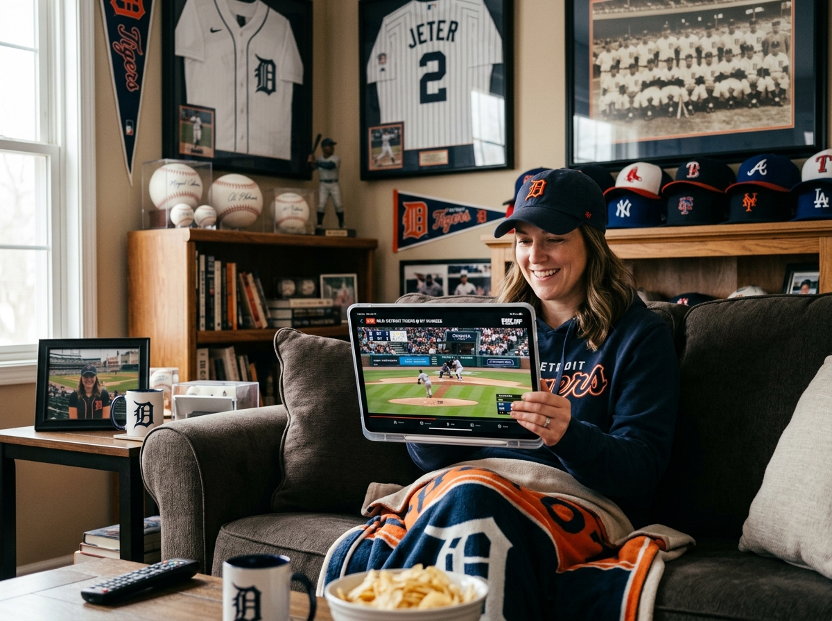 A fan watching a live MLB game on the FOX Sports app using a tablet in a comfortable home setting - baseball on tv today fox