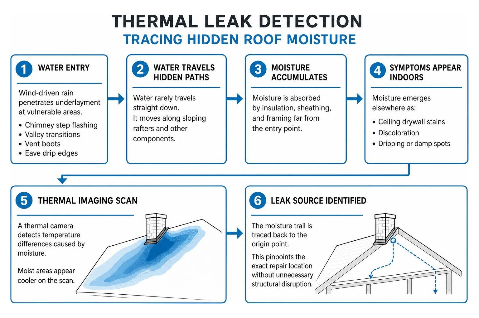 Thermal leak detection tracing hidden roof moisture