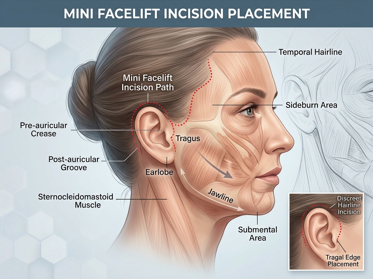 Incision placement for a mini facelift showing the discreet path around the ear - best age for mini facelift